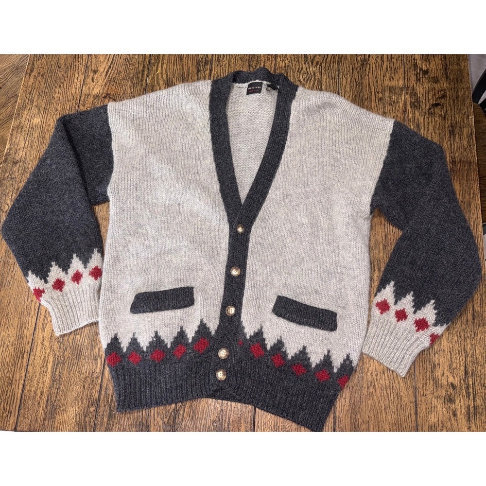 Vintage 90s structure 100% wool Sweater Cardigan Mens M Grandpa Core Gray